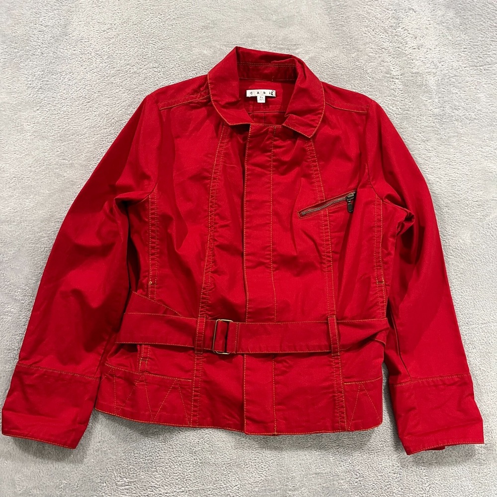 Cabi Jacket Women's XL Red Front Zipper Cinch Belt Pockets Collar Preppy Y2K‎